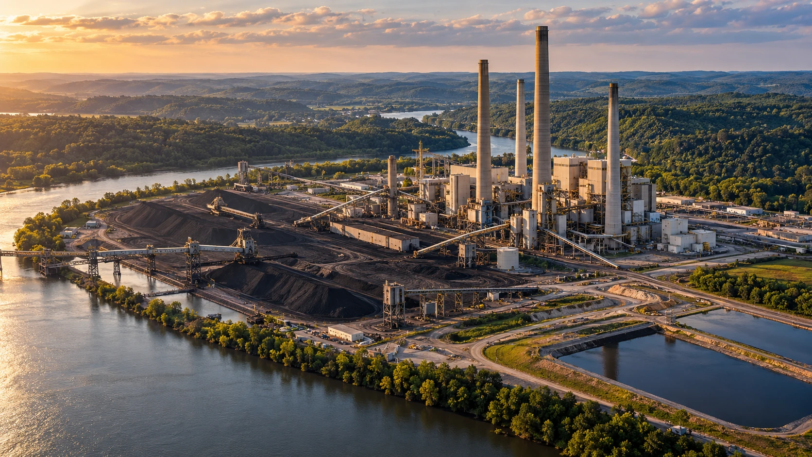 Aerial architectural interpretation of Conesville Generating Station beside an Ohio river landscape