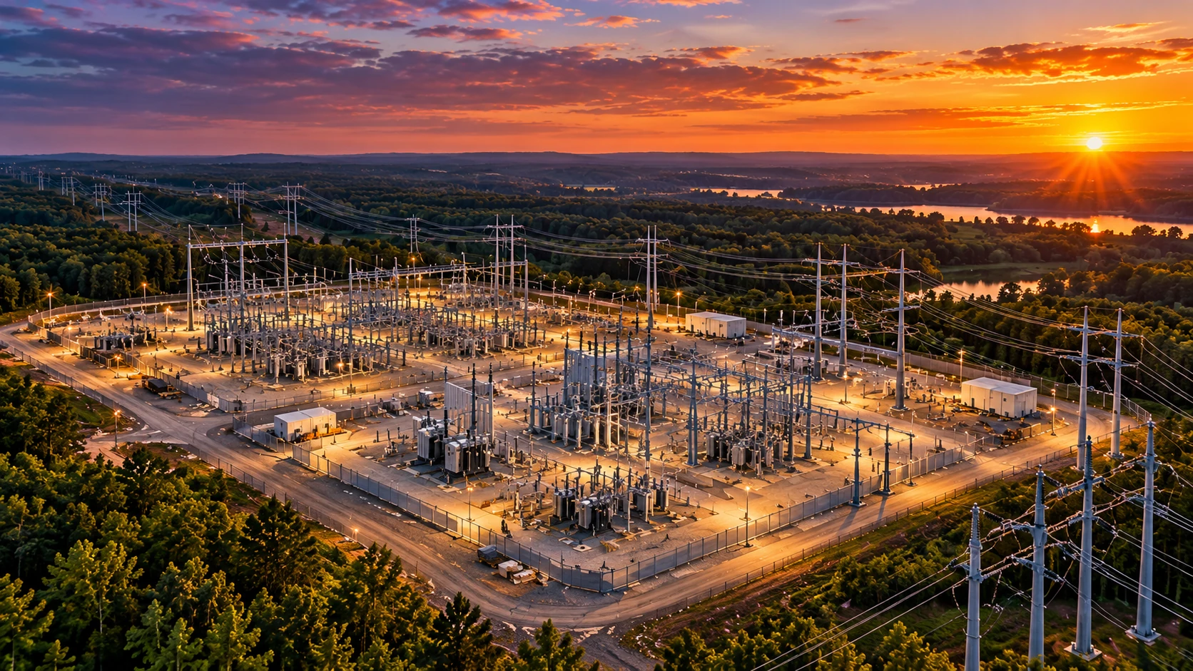 Architectural visualization of Goose Creek high-voltage switchyards and transmission lines amid wooded northern Virginia