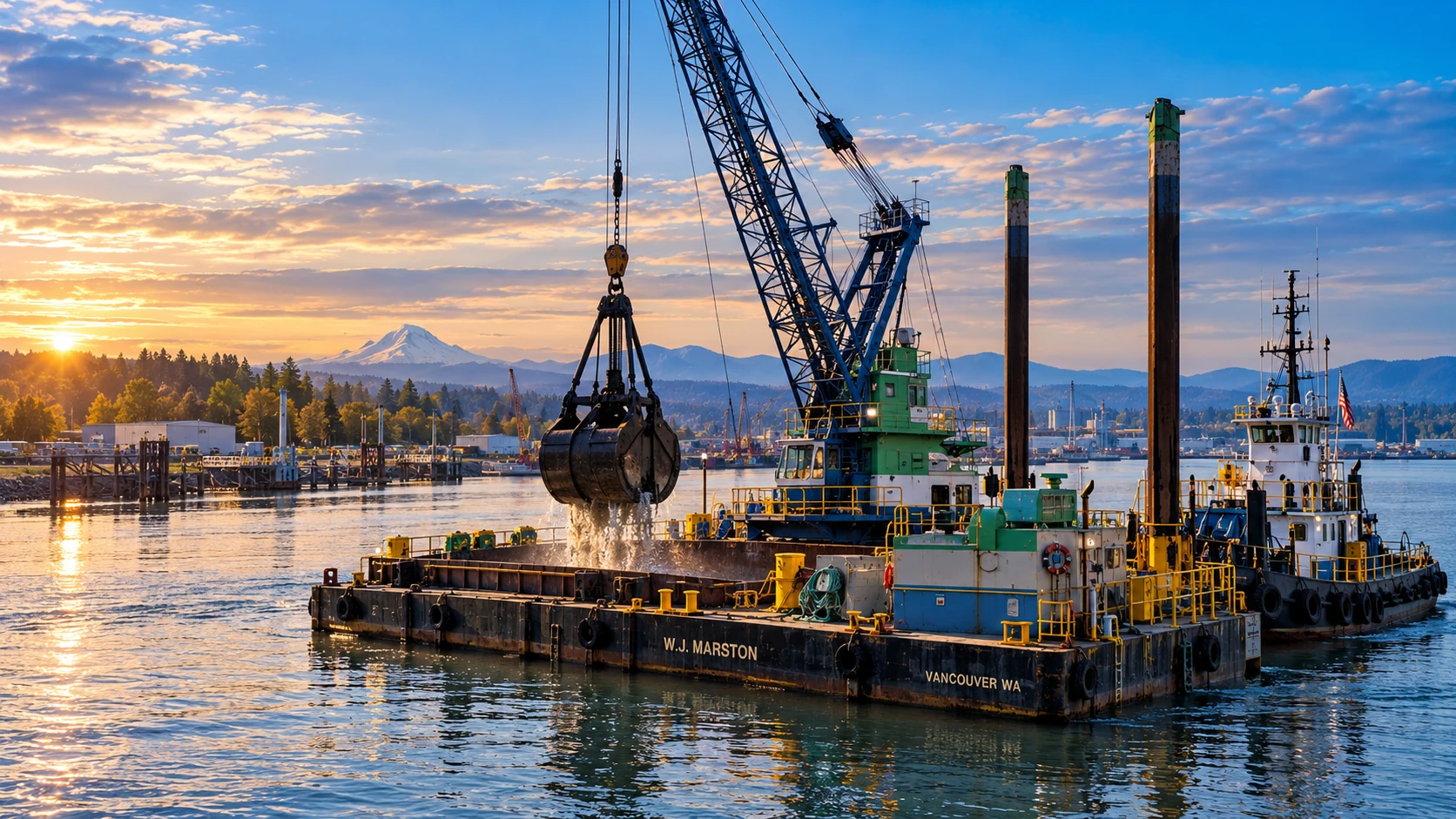 Editorial aerial perspective of HME marine construction, the W.J. Marston barge-mounted clamshell dredge, and a working Pacific Northwest harbor