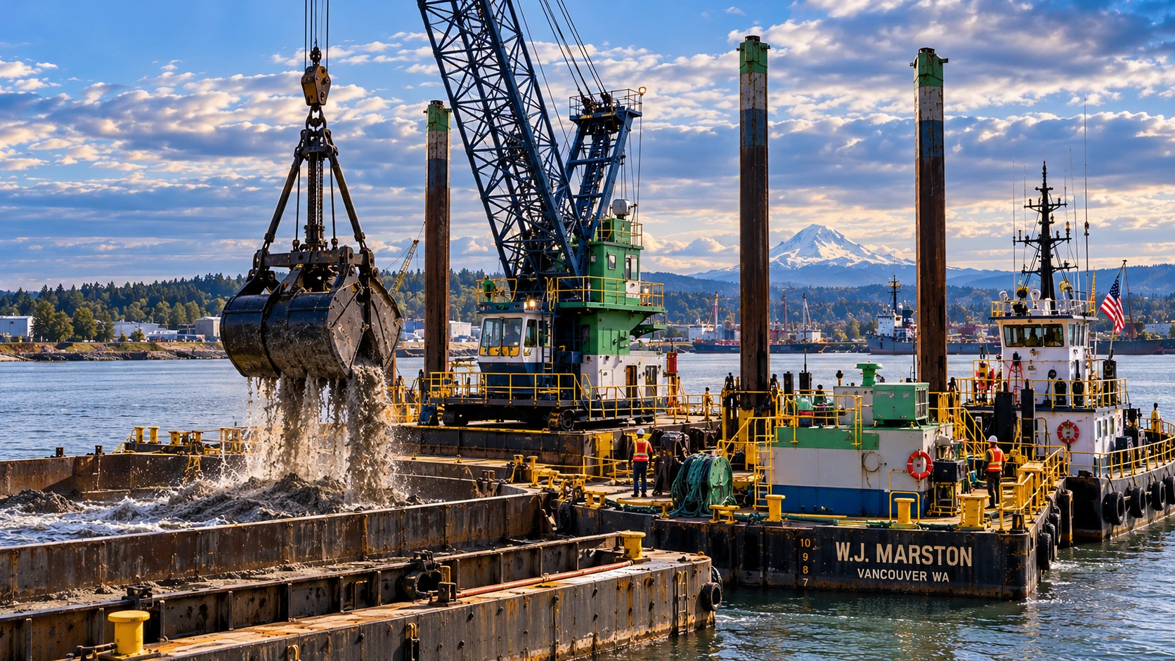Blue lattice-boom barge-mounted clamshell dredge lowering sediment into a nearby material scow with a workboat and spuds