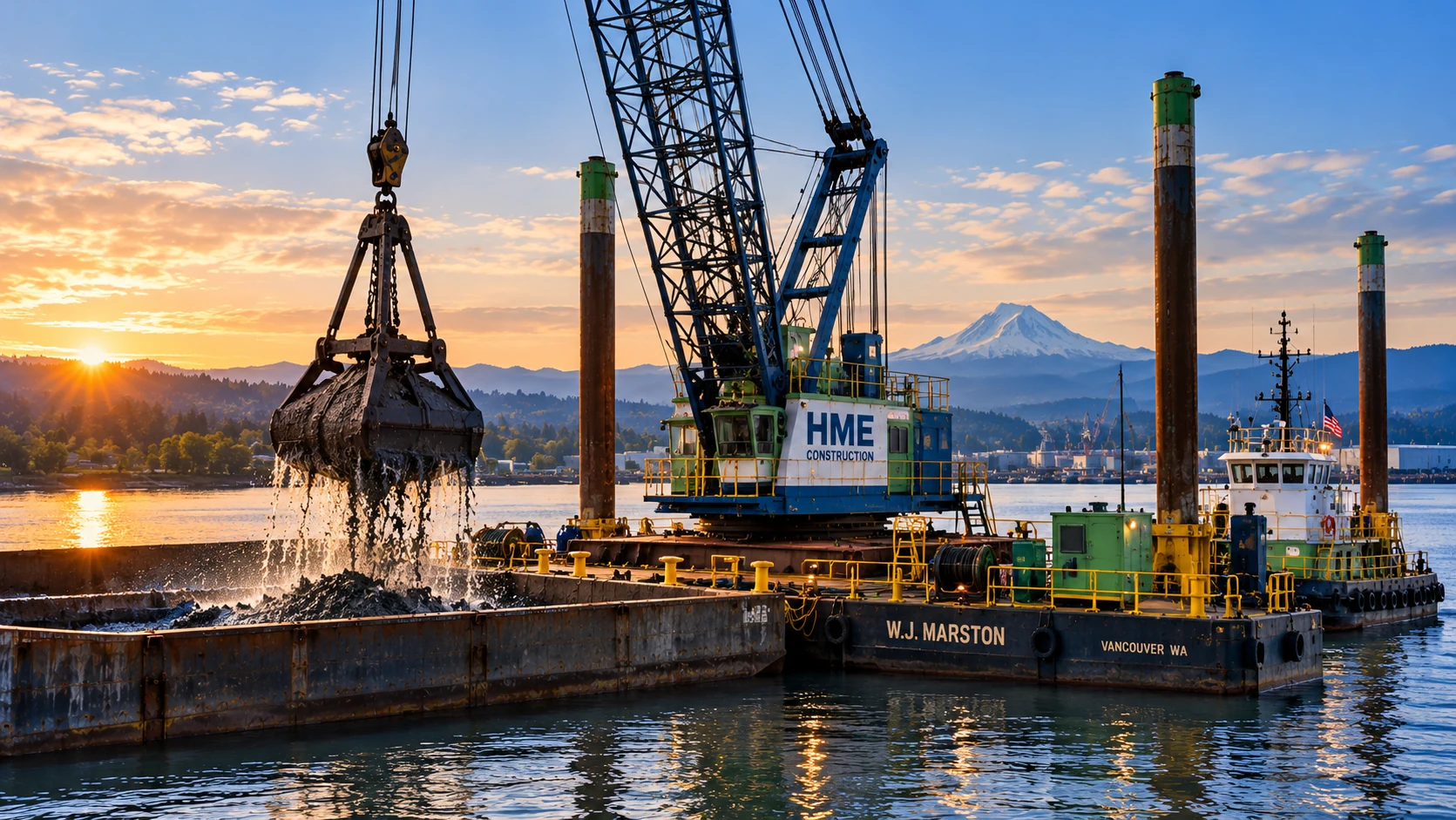 Fixed barge-mounted lattice-boom dredge, vertical spuds and a material scow on a Pacific Northwest waterway