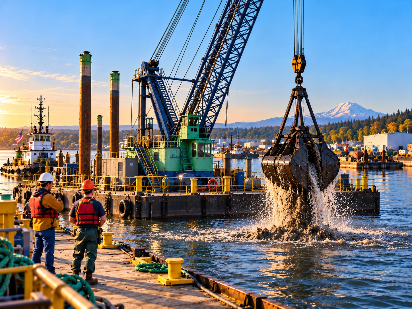 Two properly equipped marine personnel in hard hats, work clothes and flotation vests observe a barge-mounted clamshell dredge