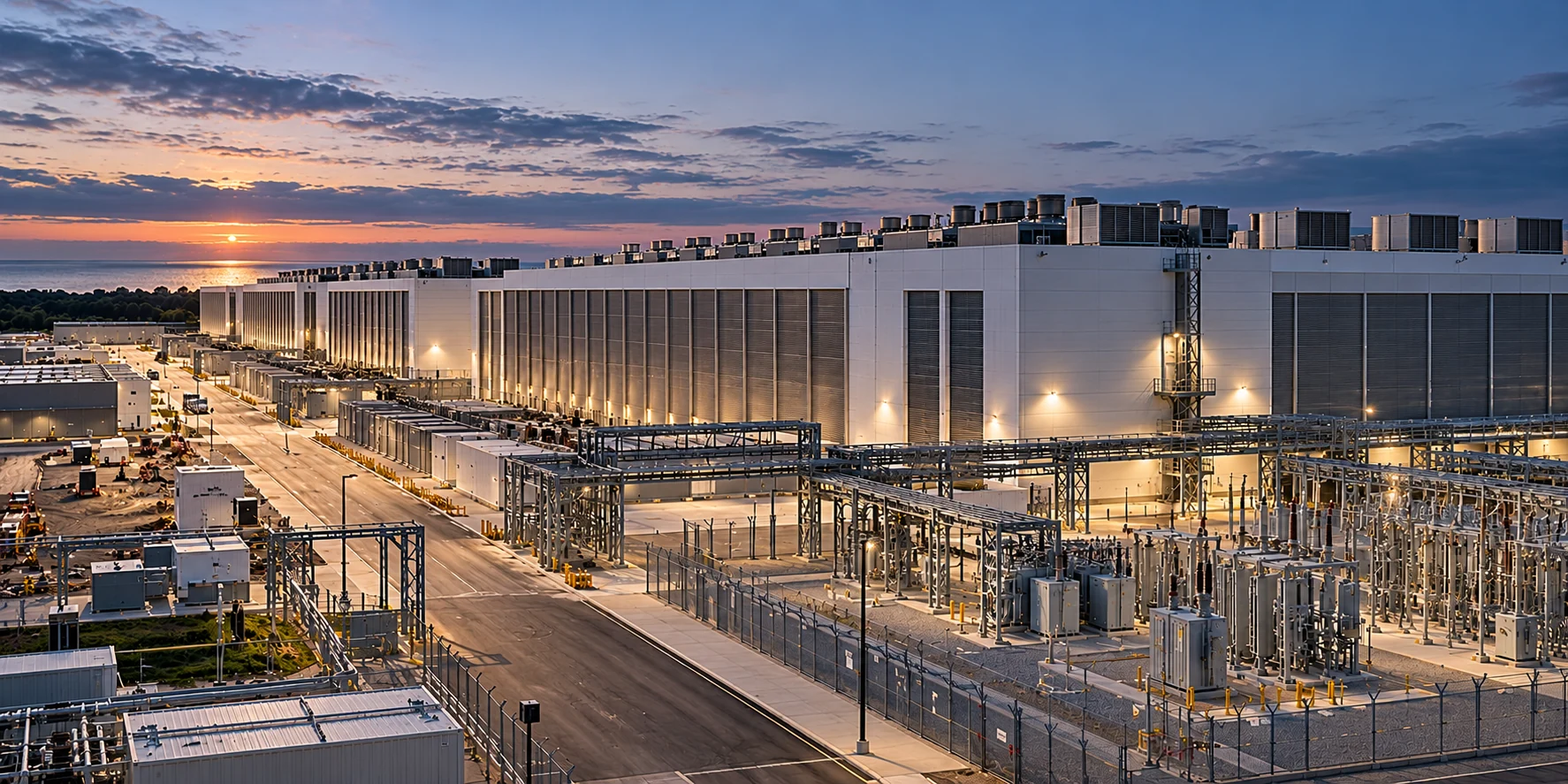 Atmospheric interpretation of a data center campus at twilight