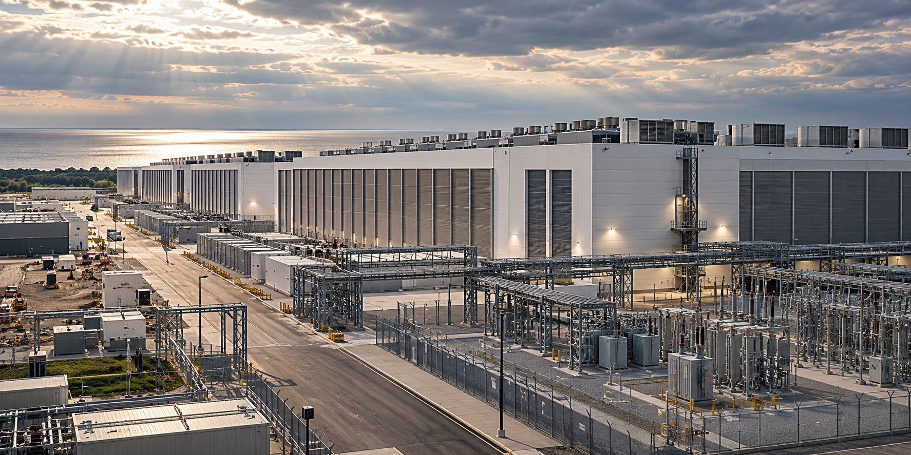 Architectural interpretation of a monumental data center exterior and electrical-service campus