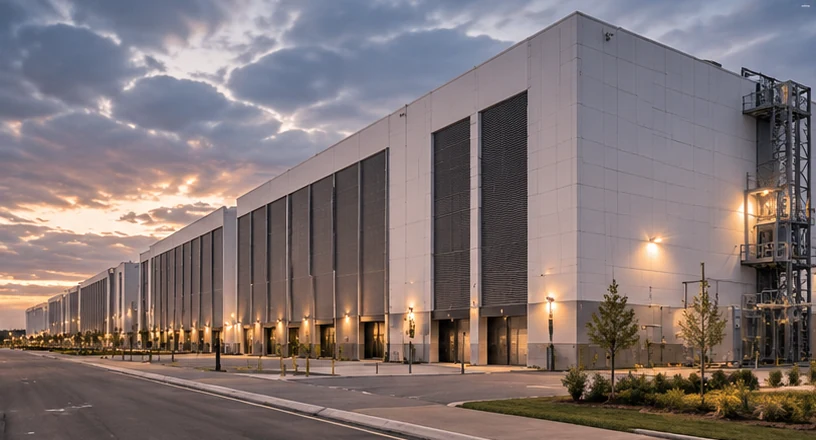 Architectural study of repeating façade panels on a modern industrial hall