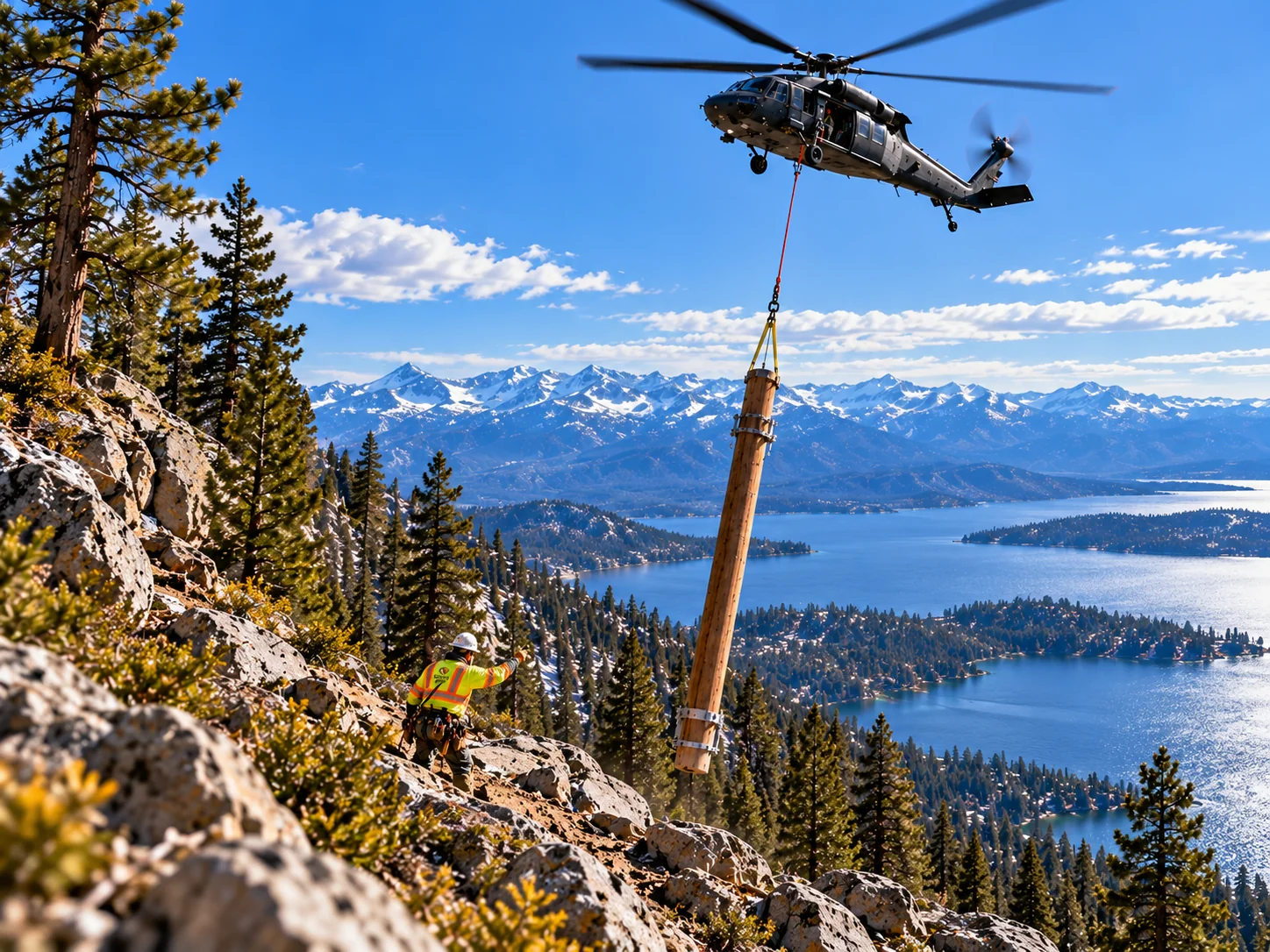 Illustrative aerial utility-pole lift over rocky Sierra Nevada forest terrain and an alpine lake