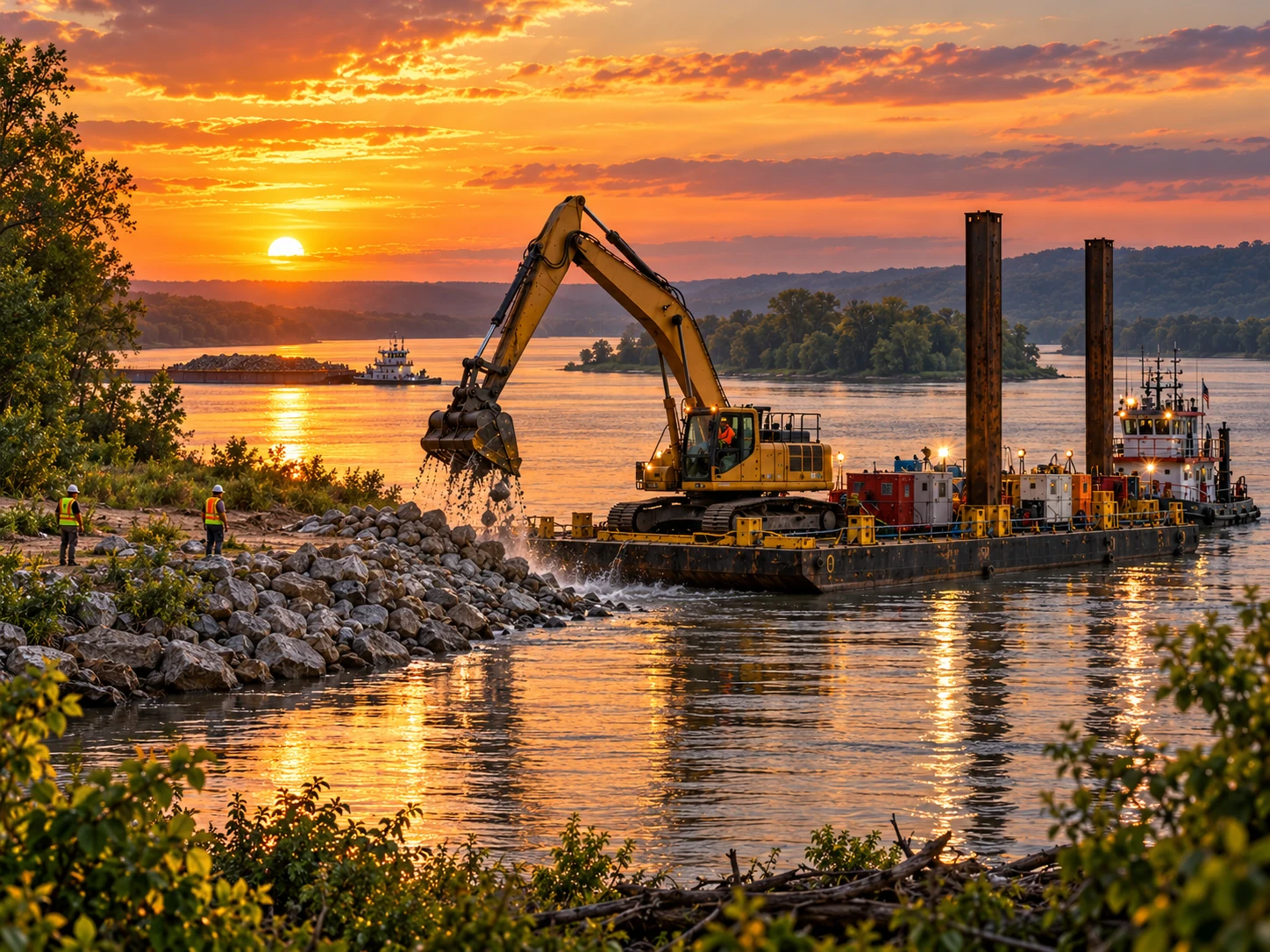 Sunset riverside view of spud barge, excavator, riprap shoreline protection and Mississippi River islands