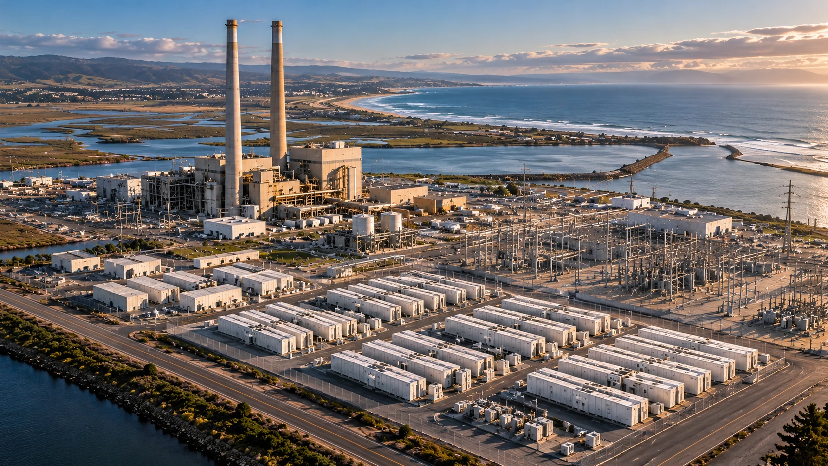 Architectural visualization of the coastal Moss Landing energy storage campus, historic twin smokestacks, and battery arrays