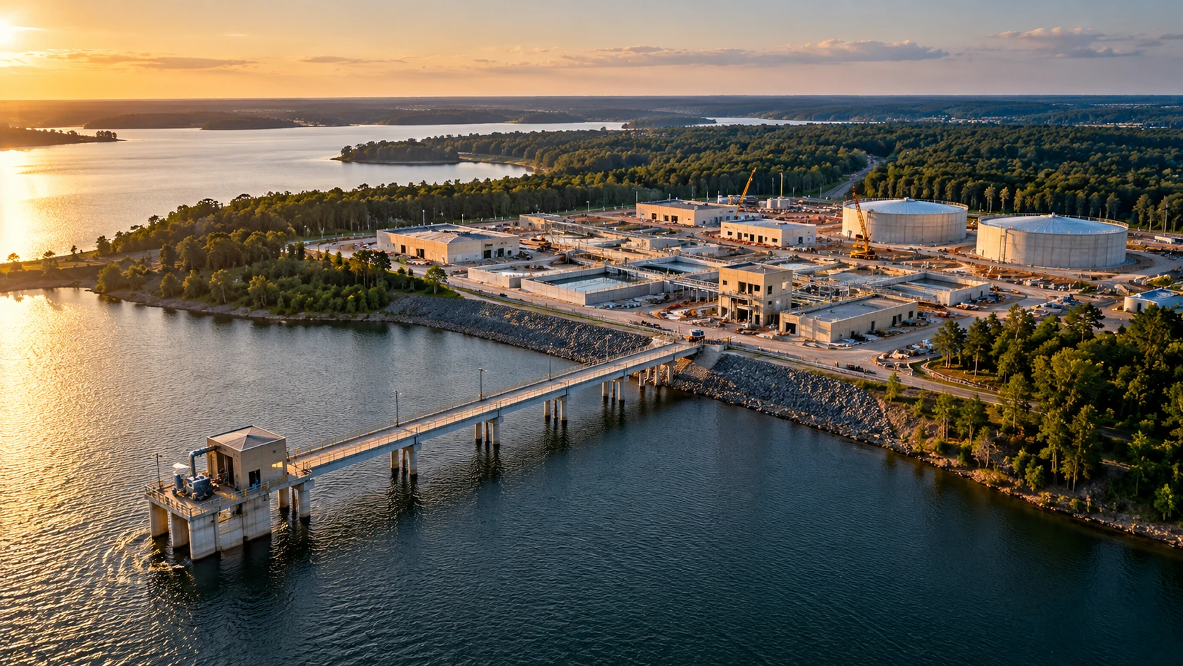 Illustrative aerial view of Lake Conroe water intake and adjoining treatment campus during the 2014–2015 construction period