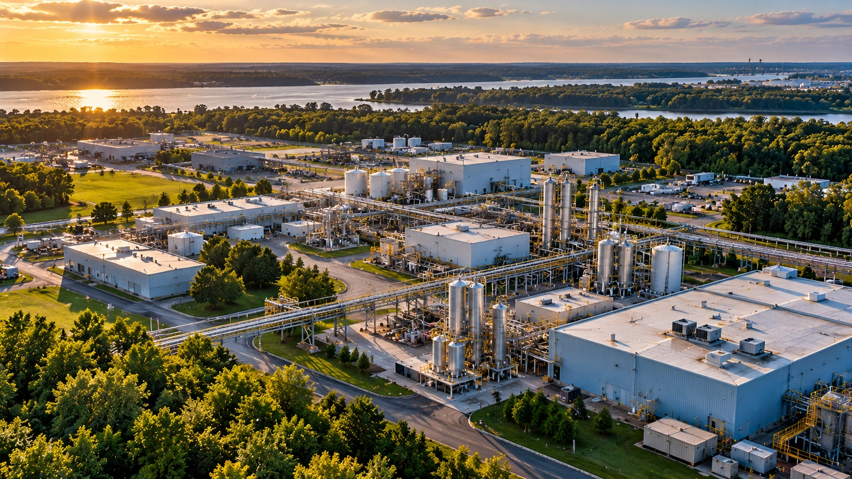 Architectural aerial perspective of the specialty-chemical industrial campus and surrounding wooded New Jersey landscape