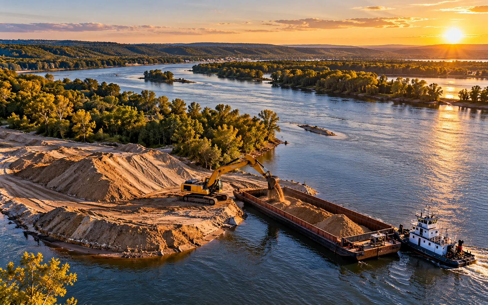 Illustrative aerial of dredged-material placement along an Upper Mississippi River island with shore equipment, moored barge and towboat