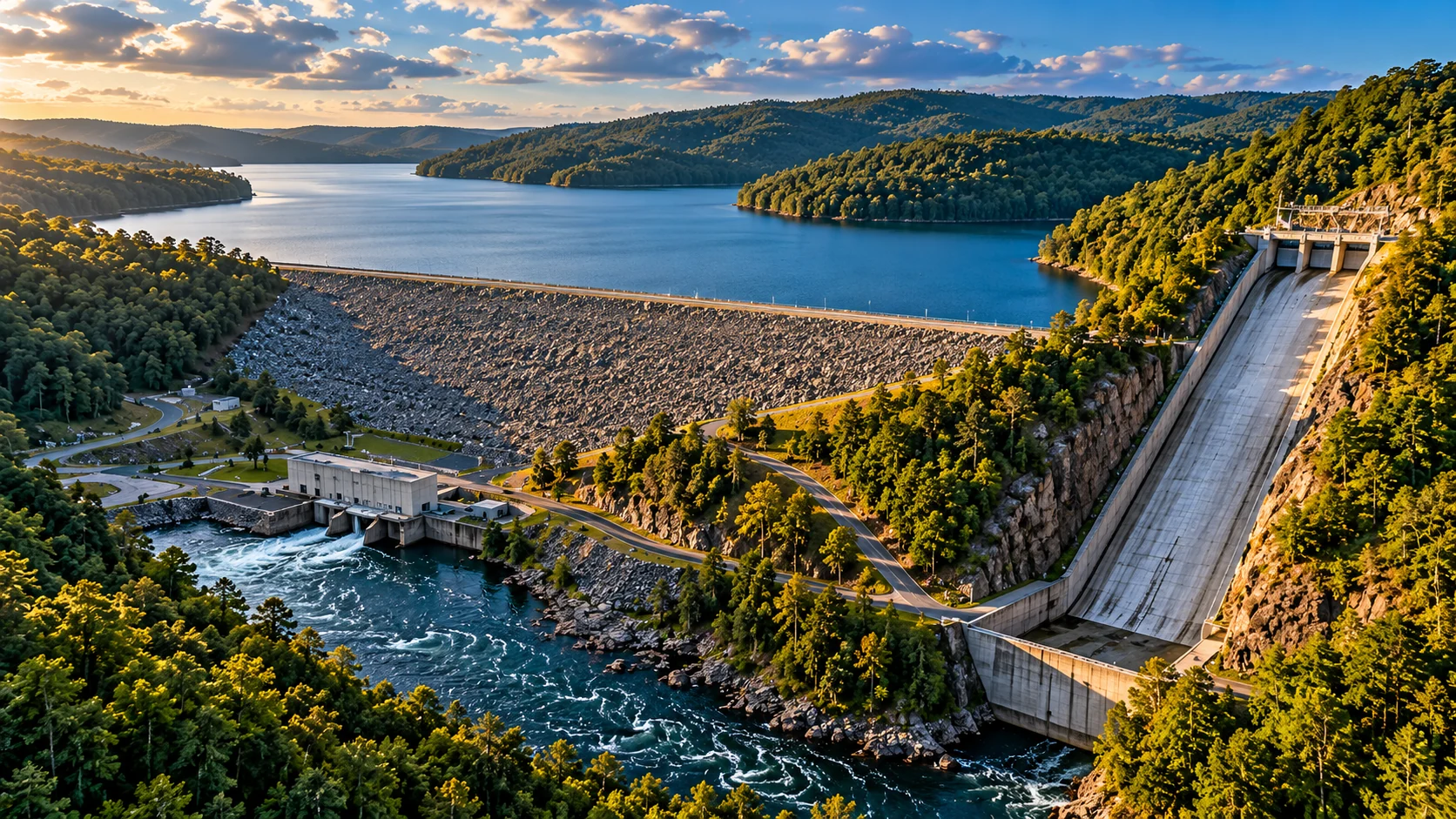 Atmospheric architectural interpretation of Youghiogheny Dam, rockfill embankment, hillside spillway, and forested reservoir